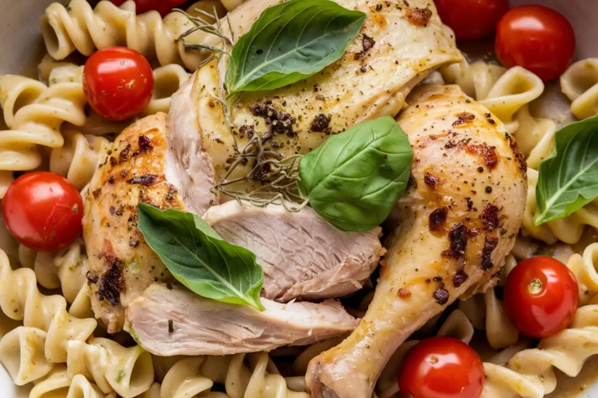 A plate of creamy rotisserie chicken pasta with fresh herbs