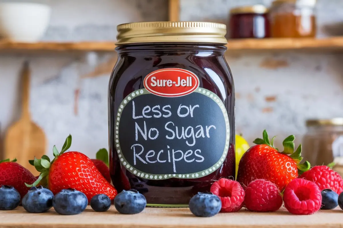 Sure Jell Less or No Sugar Strawberry Jam in a jar