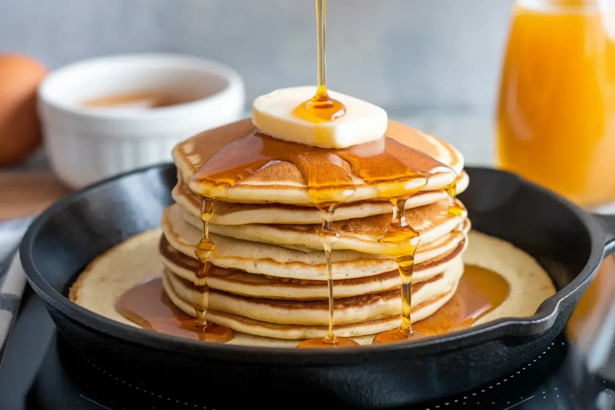 Fluffy Kodiak Cakes pancake stack with fresh berries and syrup