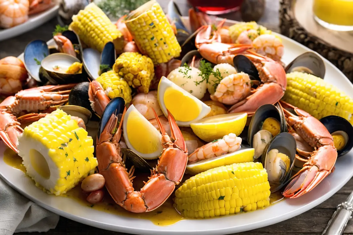 Seafood boil drenched in butter sauce with garlic and Cajun seasoning.