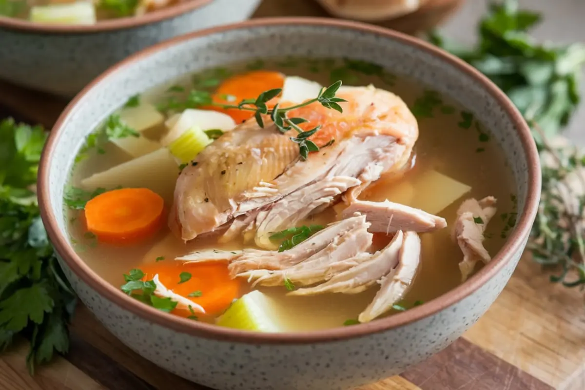 Bowl of soup with rotisserie chicken and vegetables