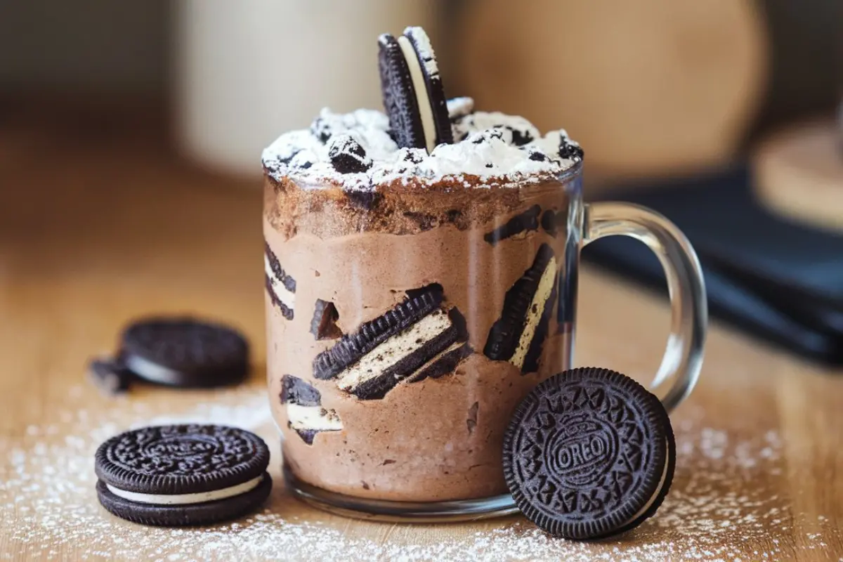 Oreo mug cake recipe topped with whipped cream