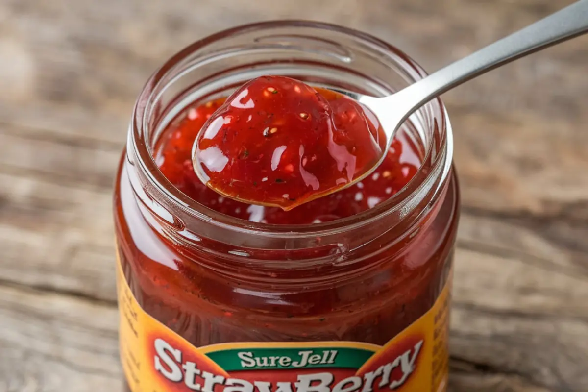 Jar of Sure Jell strawberry preserves with fresh strawberries