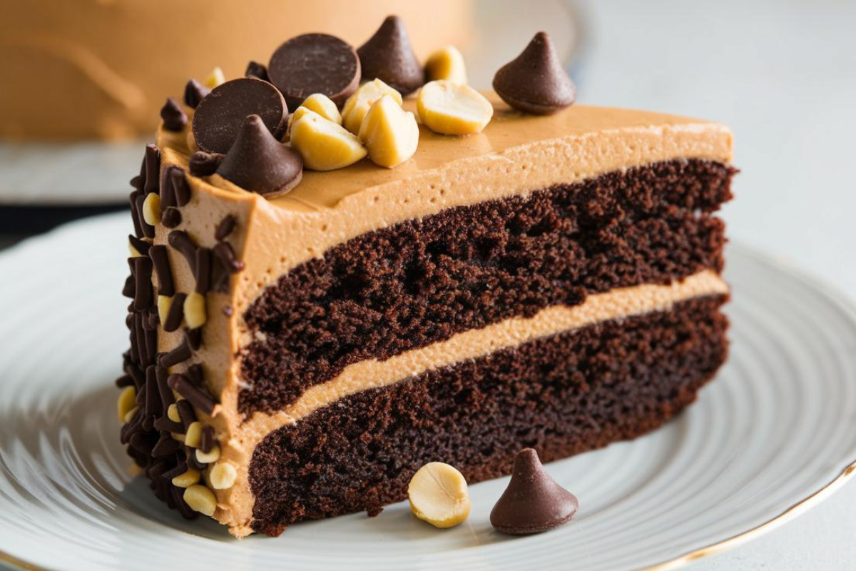 Moist chocolate cake with peanut butter frosting garnished with chocolate chips.