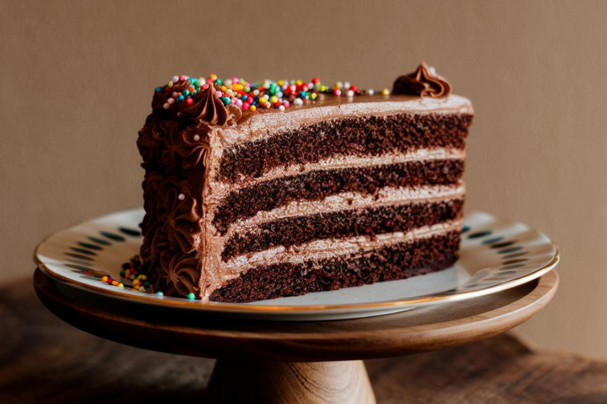 Slice of chocolate cake with buttercream frosting on a plate, representing the calorie content of a dessert.