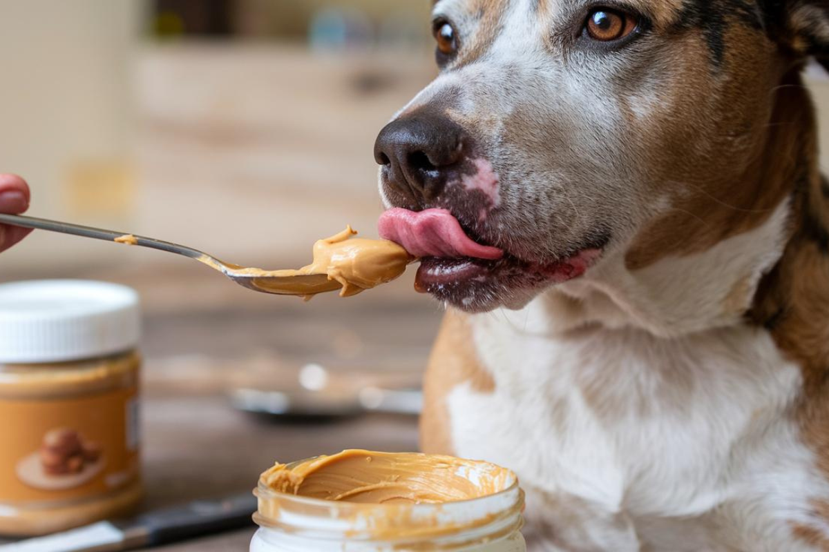 Dog enjoying peanut butter safely from a spoon.