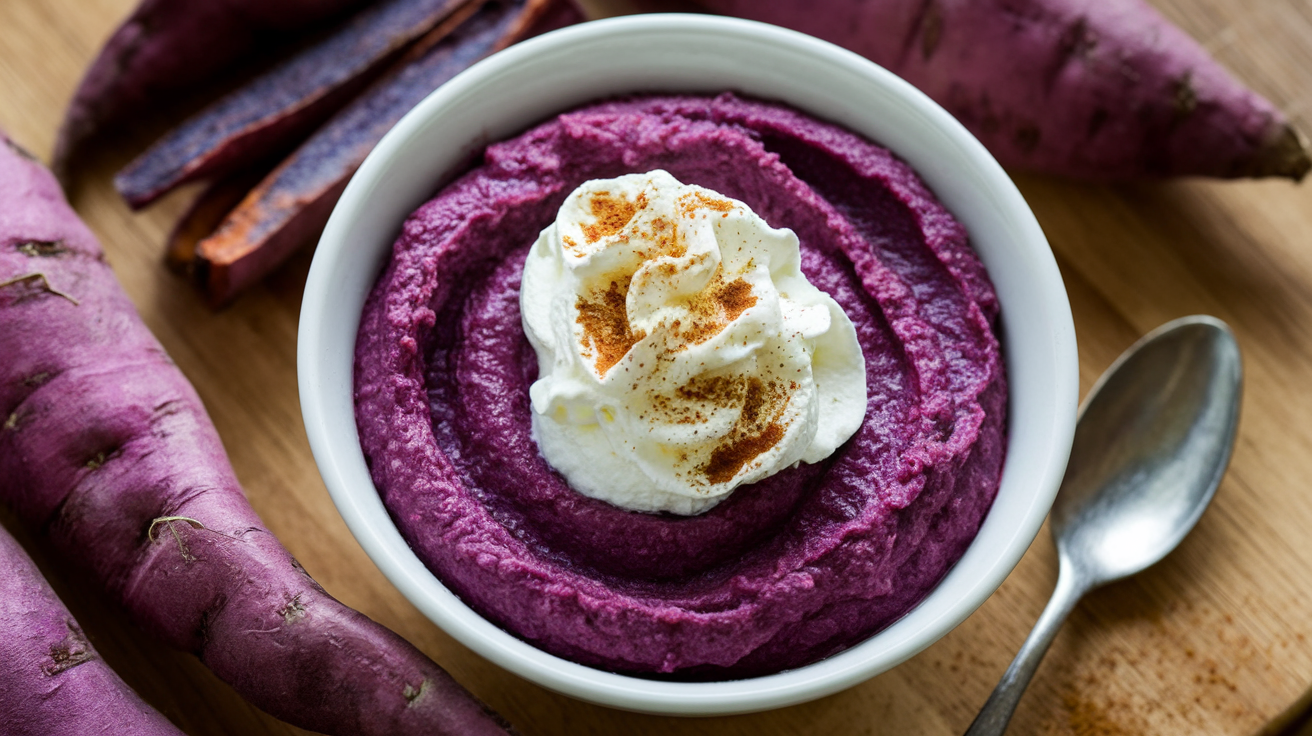 Baked purple sweet potato served on a plate