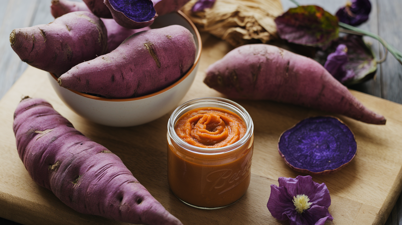 Baked purple sweet potato served on a plate