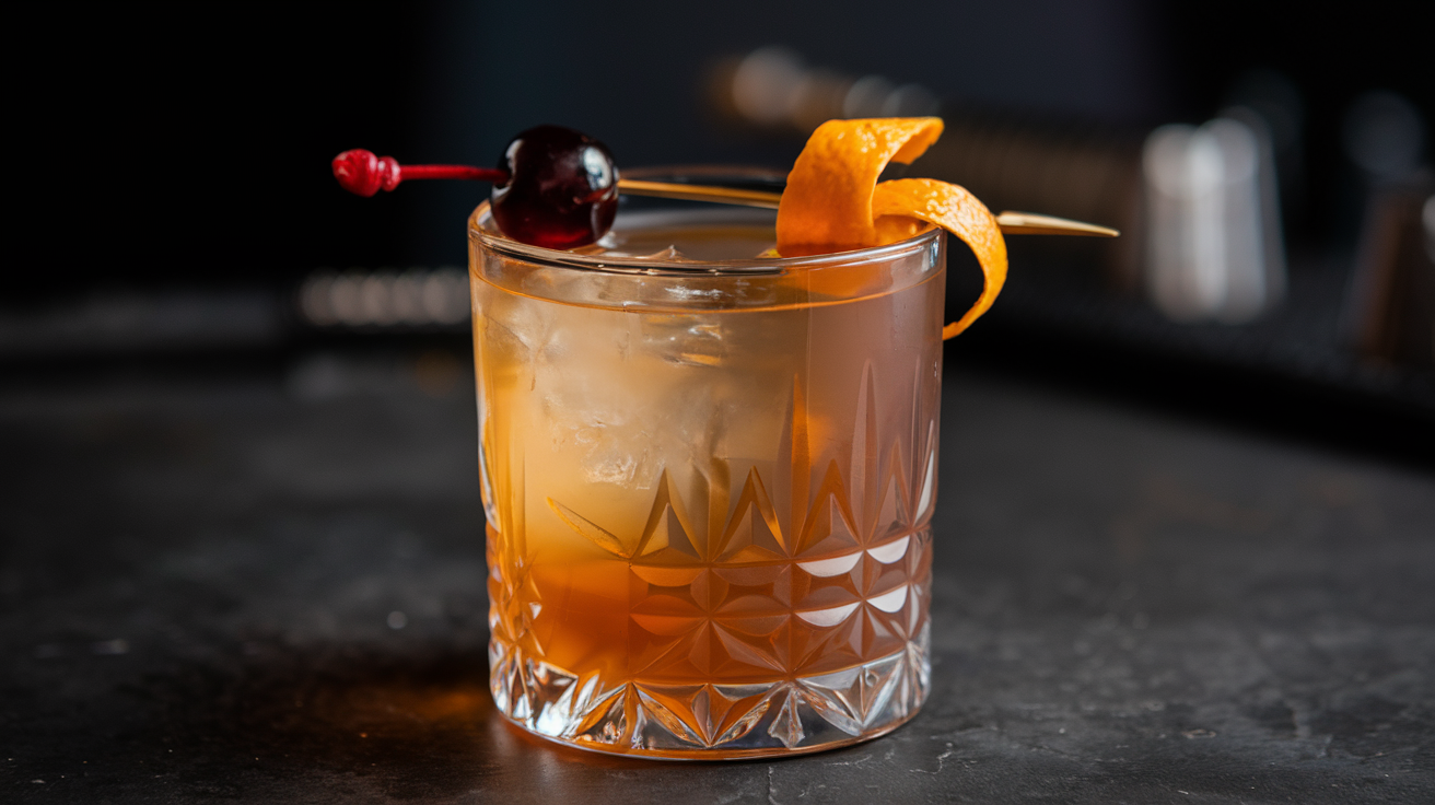 A glass of The Black Manhattan cocktail garnished with a cherry