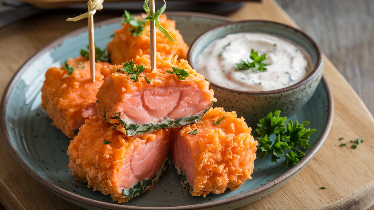 Crispy fried salmon bites on a plate with dipping sauce.