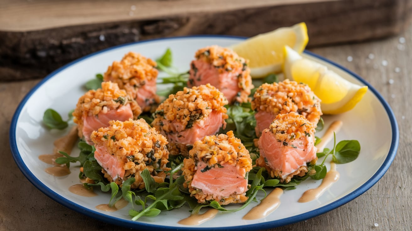 Crispy salmon bites served on a plate with garnish.