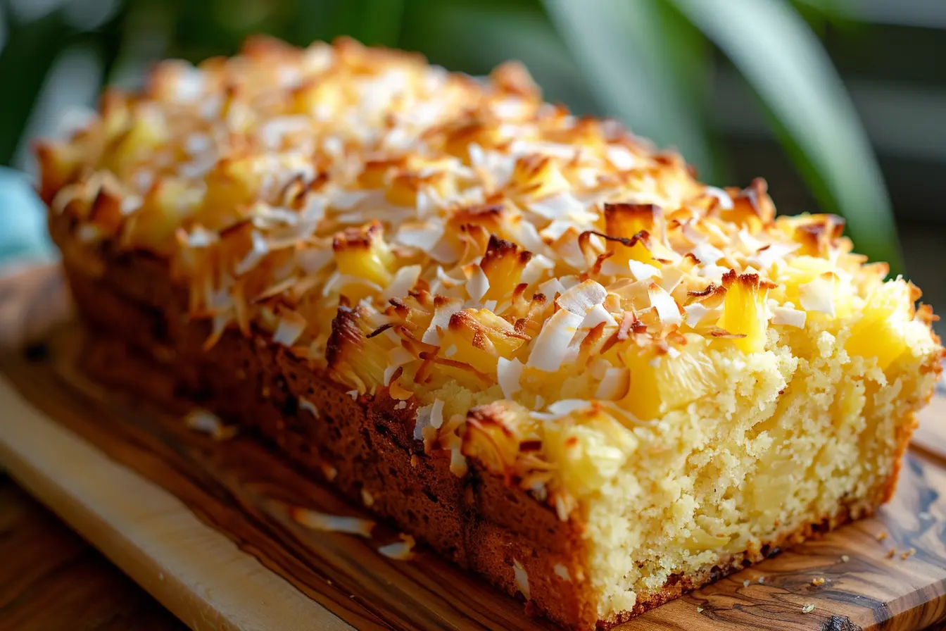 Moist Hawaiian banana bread with coconut and pineapple slices on a cutting board.