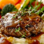 Banquet Salisbury steak meal with beef patty, gravy, mashed potatoes, and vegetables.