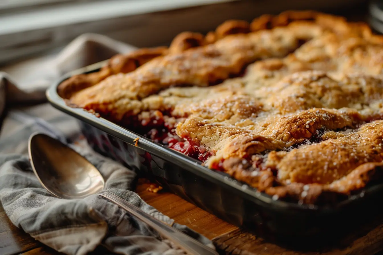 Golden brown dump cake with a gooey, fruit-filled center in a 9x13-inch pan.