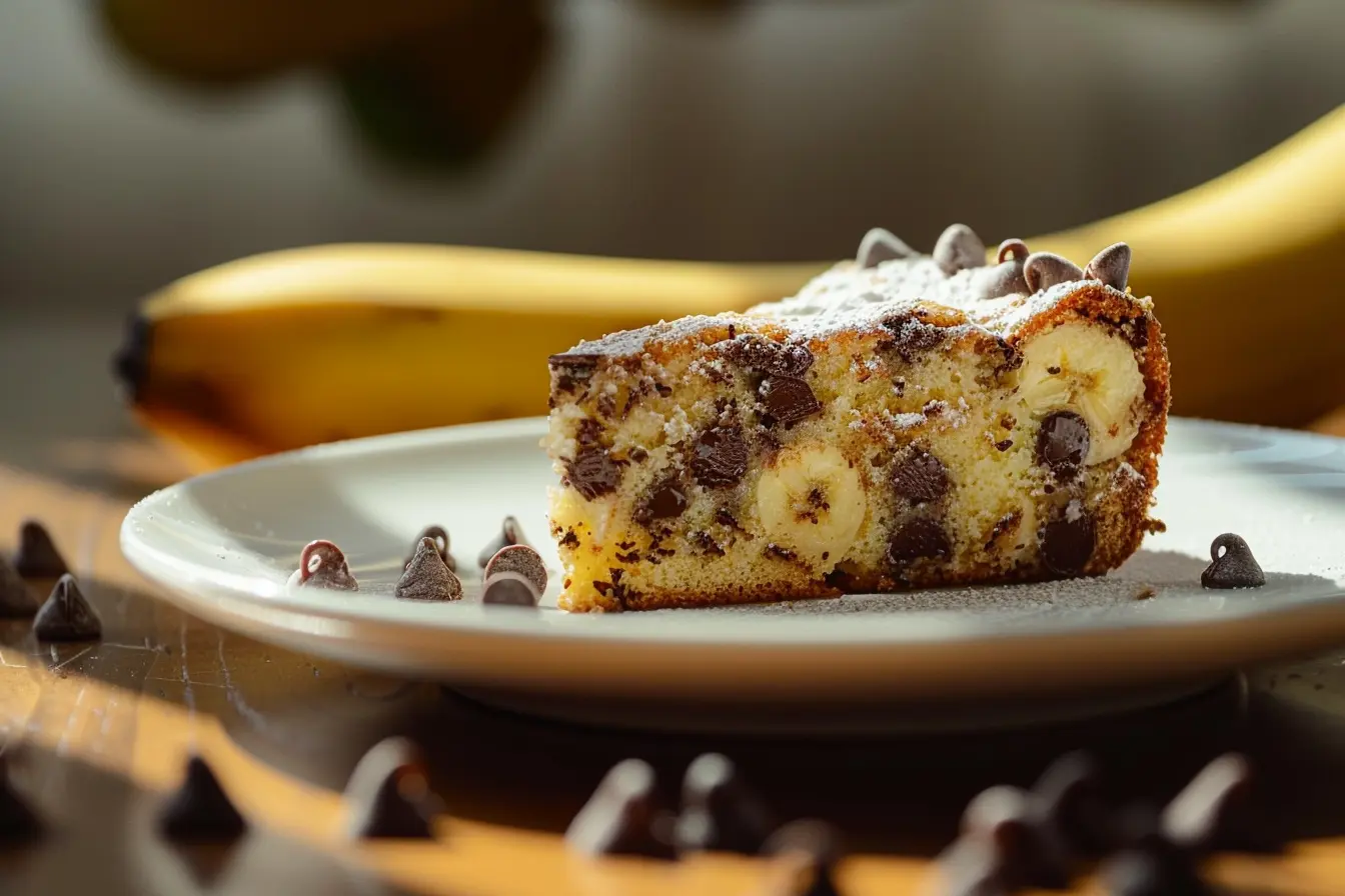 Slice of banana chocolate chip cake with chocolate chips and ripe banana.