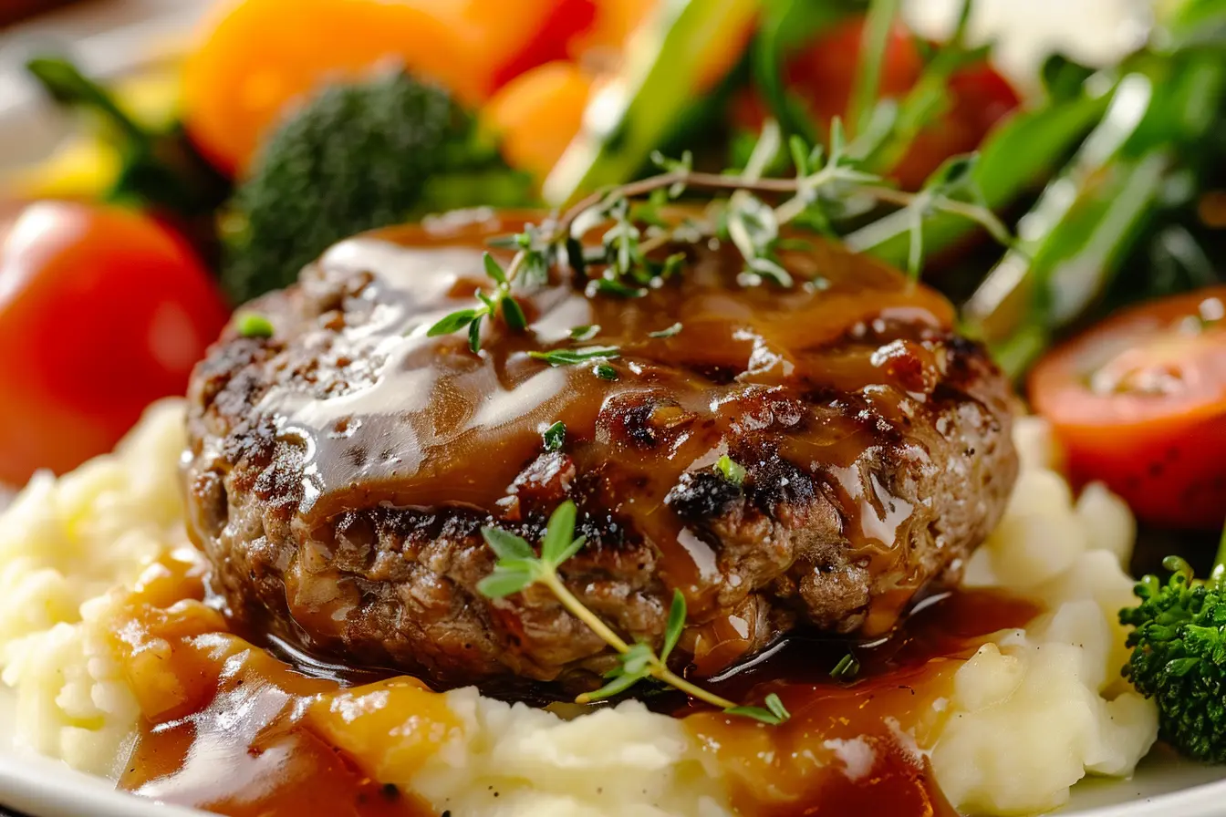 Banquet Salisbury steak meal with beef patty, gravy, mashed potatoes, and vegetables.