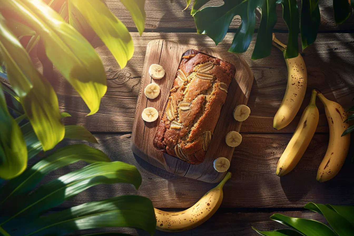 Fresh loaf of warm banana bread surrounded by Maui bananas on a rustic wooden table.