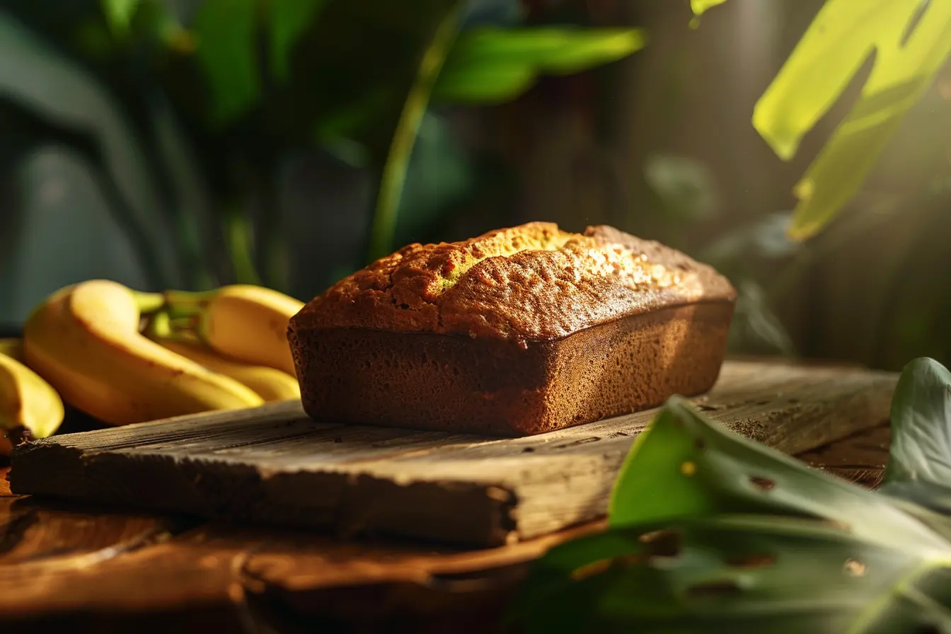 Fresh loaf of warm banana bread surrounded by Maui bananas on a rustic wooden table.