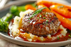 Banquet Salisbury steak meal with beef patty, gravy, mashed potatoes, and vegetables.