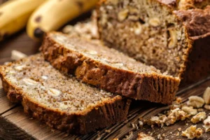 Close-up of moist banana bread slices with a mushy texture.