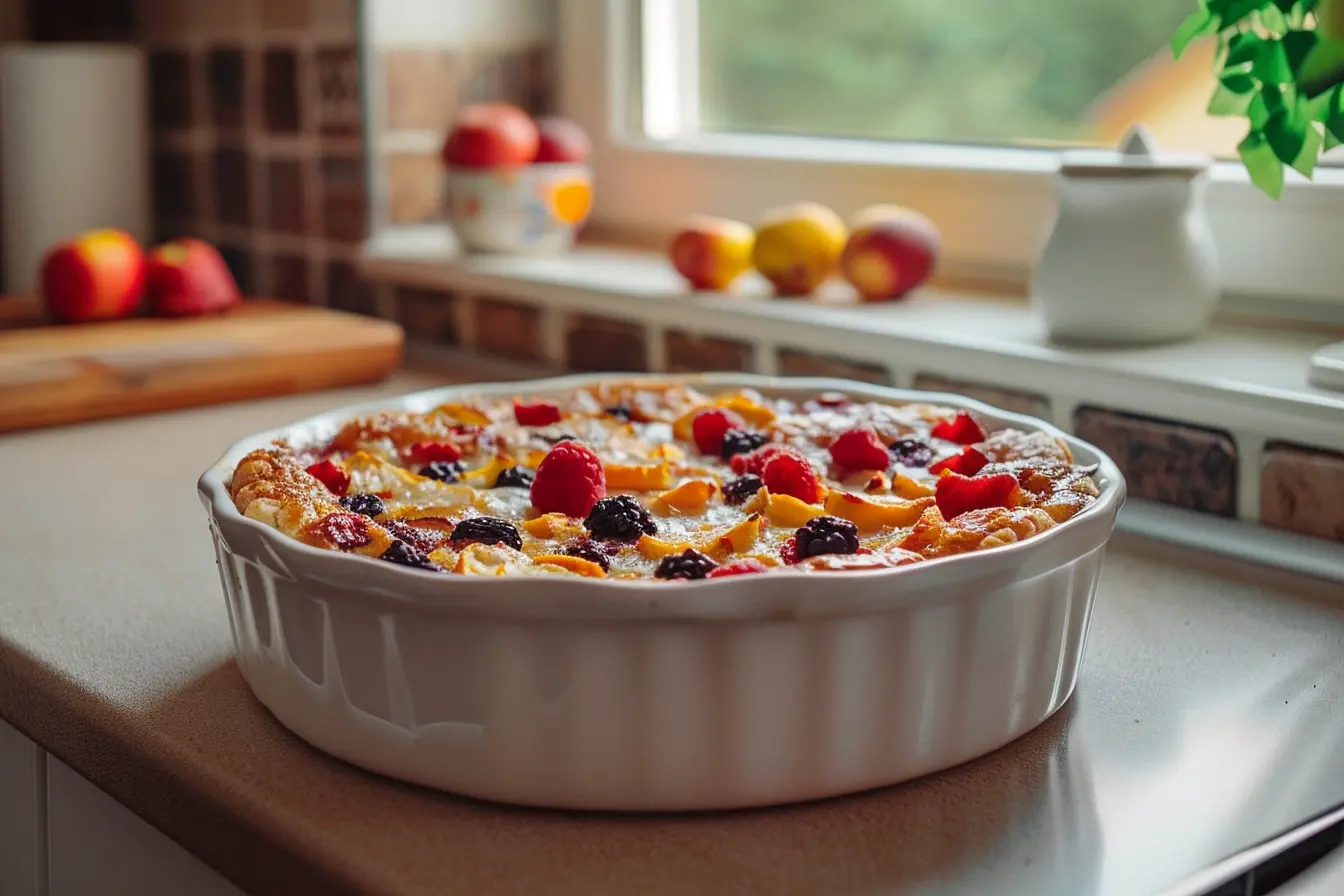 Golden-brown dump cake with fruit filling in a baking dish.