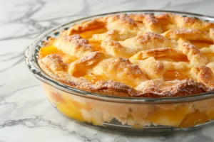 Golden-brown dump cake with bubbling fruit filling in a baking dish, ready to serve.