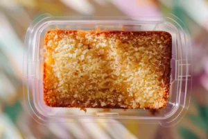 Banana cake slice in an airtight container for fridge storage.