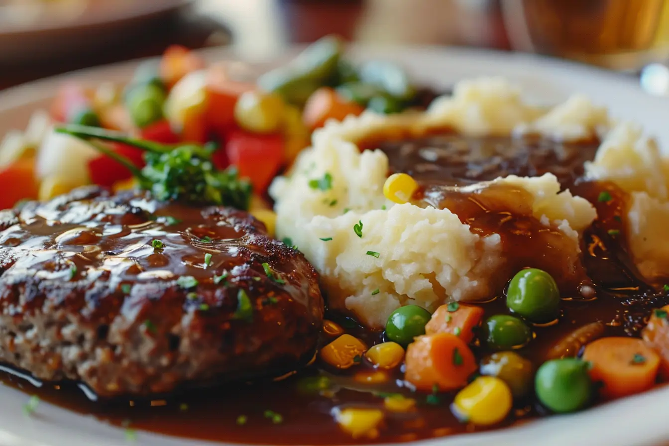 Banquet Salisbury steak meal with beef patty, gravy, mashed potatoes, and vegetables.