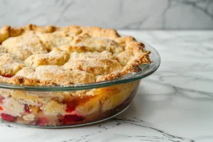 Golden-brown dump cake with bubbling fruit filling in a baking dish, ready to serve.