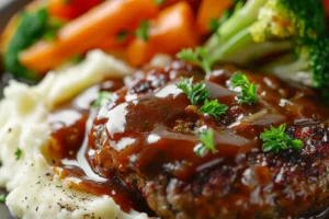 Banquet Salisbury steak meal with beef patty, gravy, mashed potatoes, and vegetables.