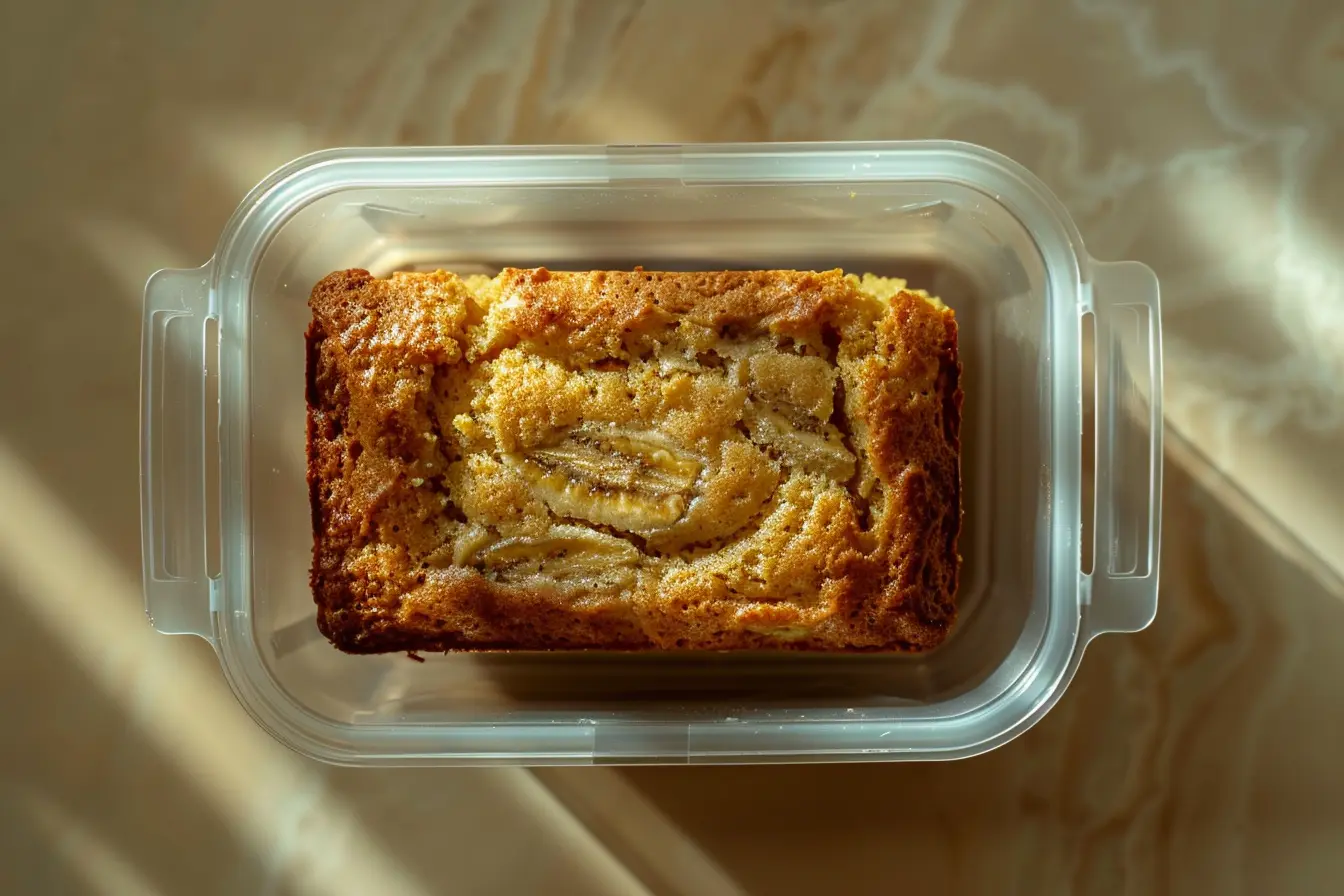 Banana cake slice in an airtight container for fridge storage.