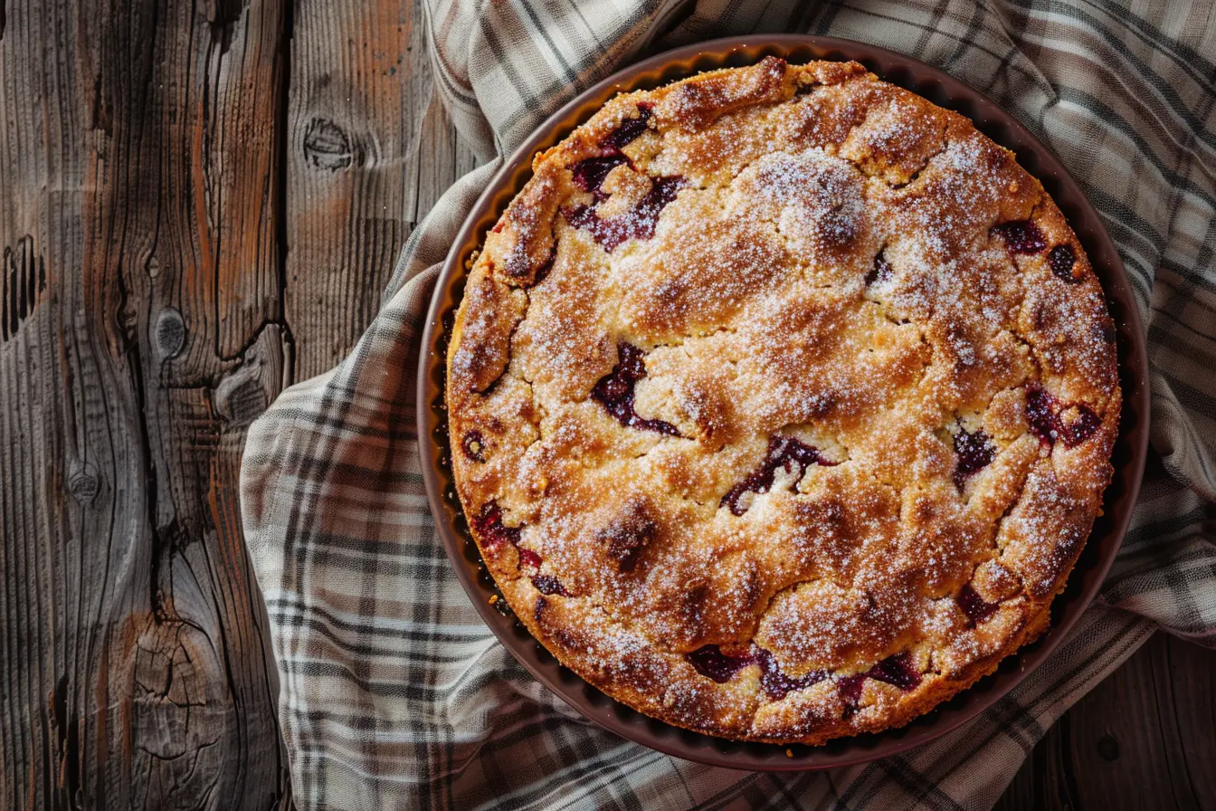 Golden-brown dump cake with a crumbly top and gooey fruit filling.