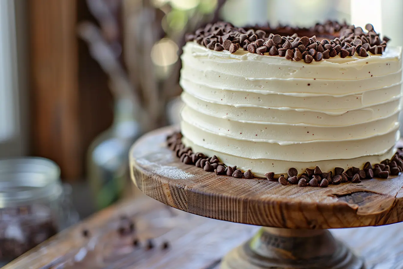 Chocolate chip-covered cake with smooth frosting on a wooden cake stand.