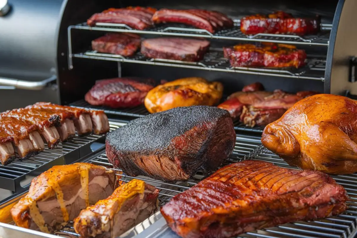 Delicious smoked brisket prepared on a pellet smoker with wood pellets.