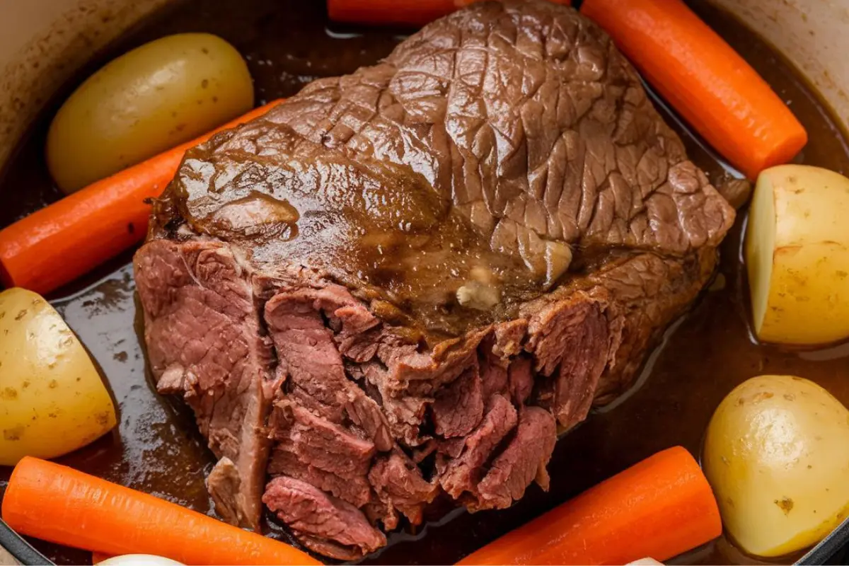 Tender Chuck Roast Beef Recipe served with carrots and potatoes