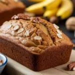 Freshly baked banana bread without baking soda on a wooden board, sliced and ready to serve.