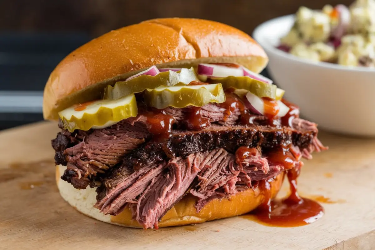 Juicy brisket sandwich on a toasted bun with BBQ sauce and coleslaw