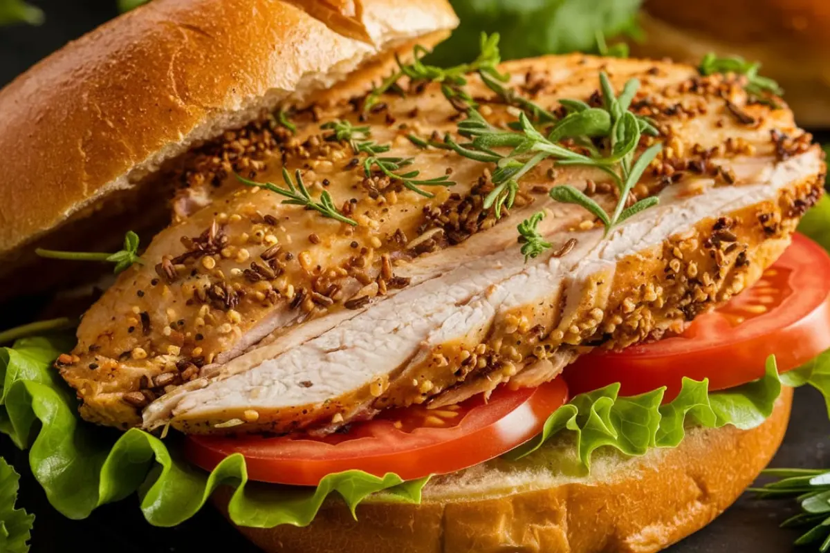 Rotisserie chicken sandwich with lettuce, tomatoes, and ciabatta bread.