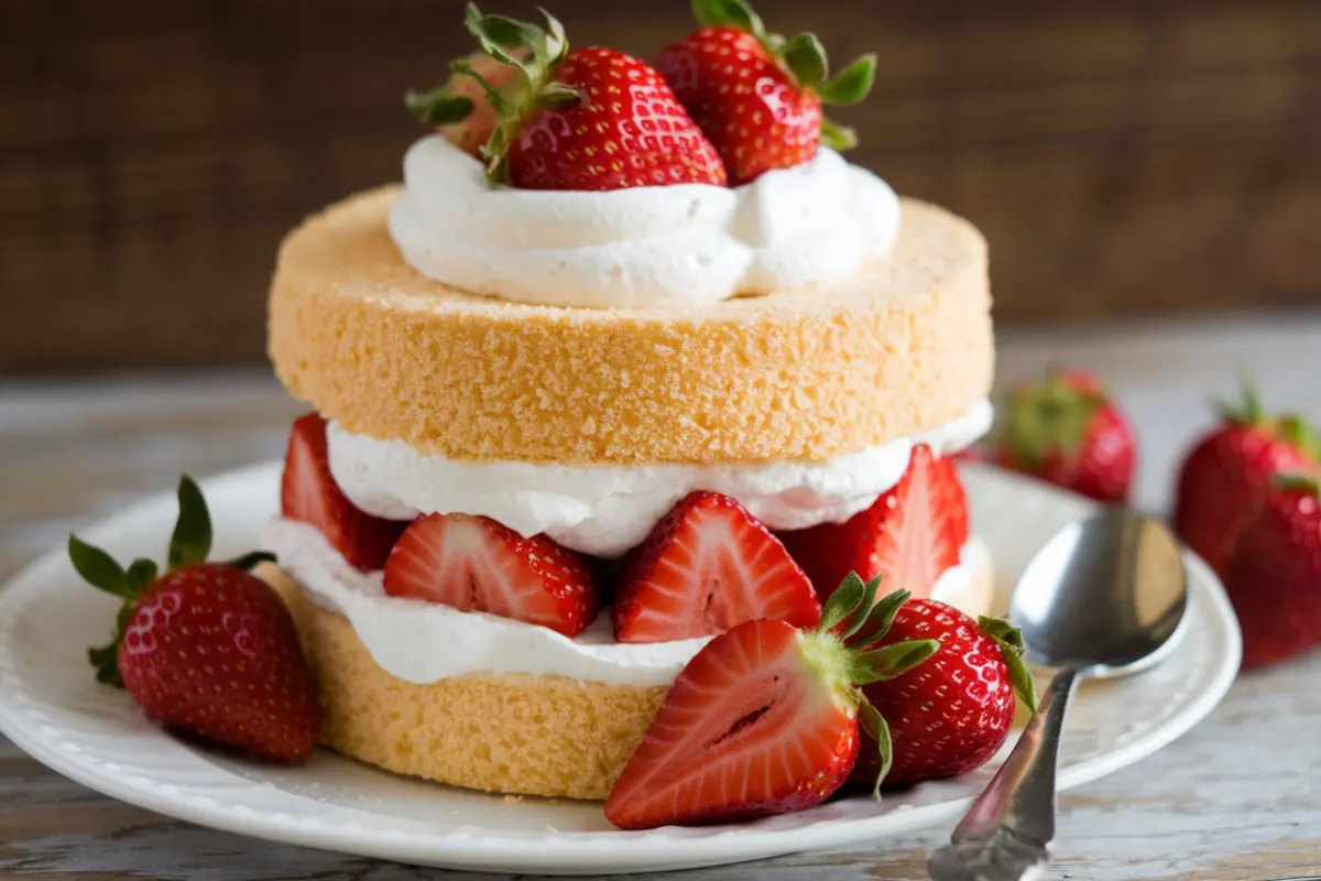 A slice of strawberry shortcake with angel cake topped with fresh strawberries and whipped cream