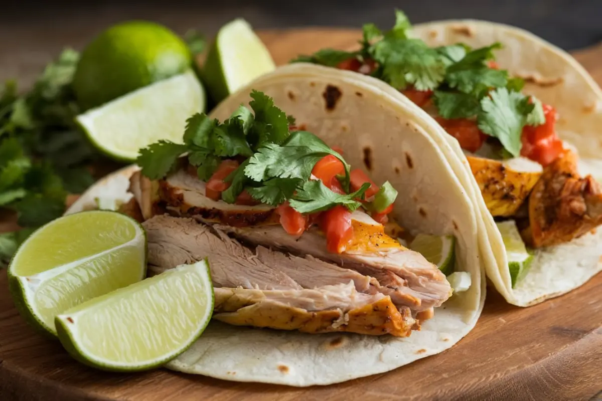 Chicken tacos with shredded rotisserie chicken, avocado, and lime