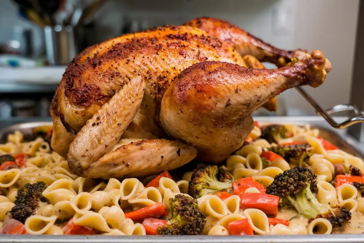 A bowl of creamy rotisserie chicken pasta garnished with fresh parsley.