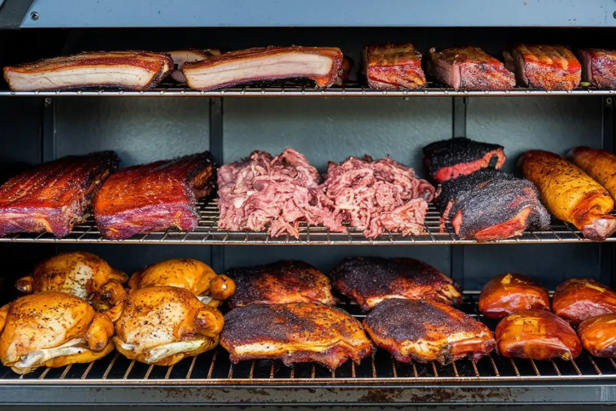 A beautifully smoked beef brisket, golden brown with a delicious char, fresh off a pellet smoker, served on a wooden board.

